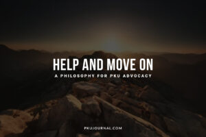 "Sunset over rocky mountains with large text: 'Help and Move On – A Philosophy for PKU Advocacy'."