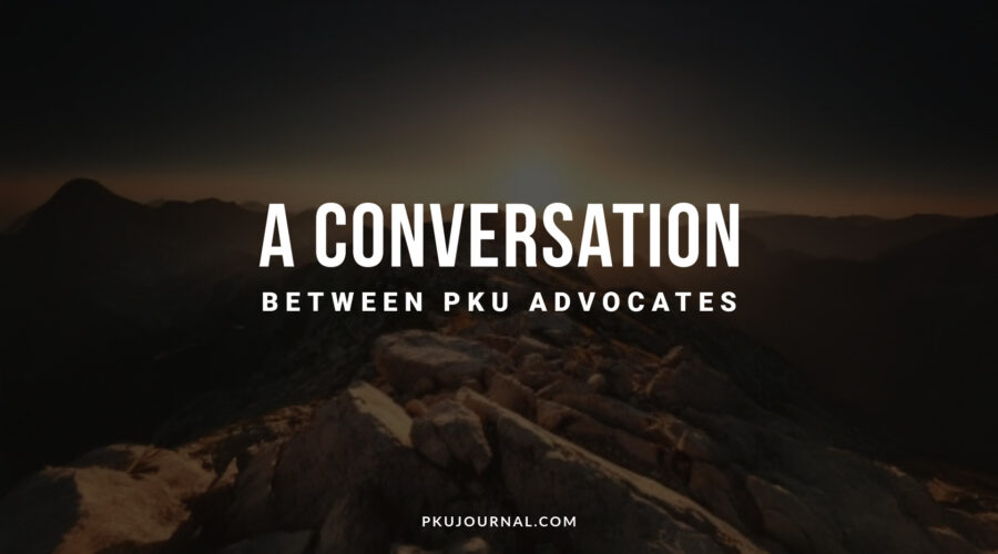 Title graphic for "A Conversation Between PKU Advocates" on PKUJournal.com, featuring bold white text over a dark mountain landscape at dusk.