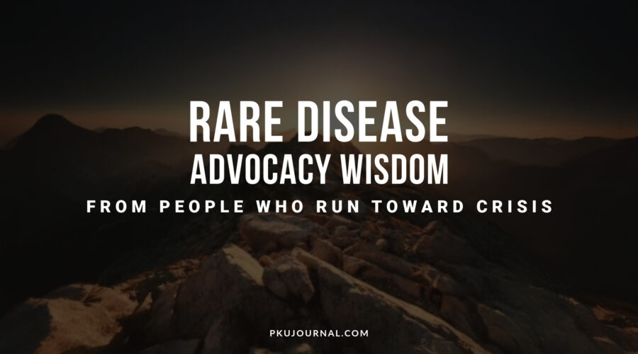 Rare disease advocacy wisdom from people who run toward crisis — a lone figure on a mountain ridge at dusk, PKU Journal